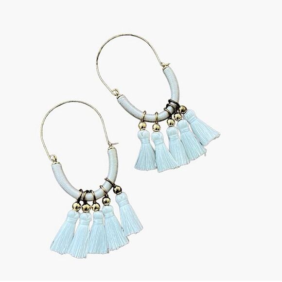 🌴 White Tassel Drop Earrings – Gold Hoop Boho Style 3.75” - Picture 4 of 8